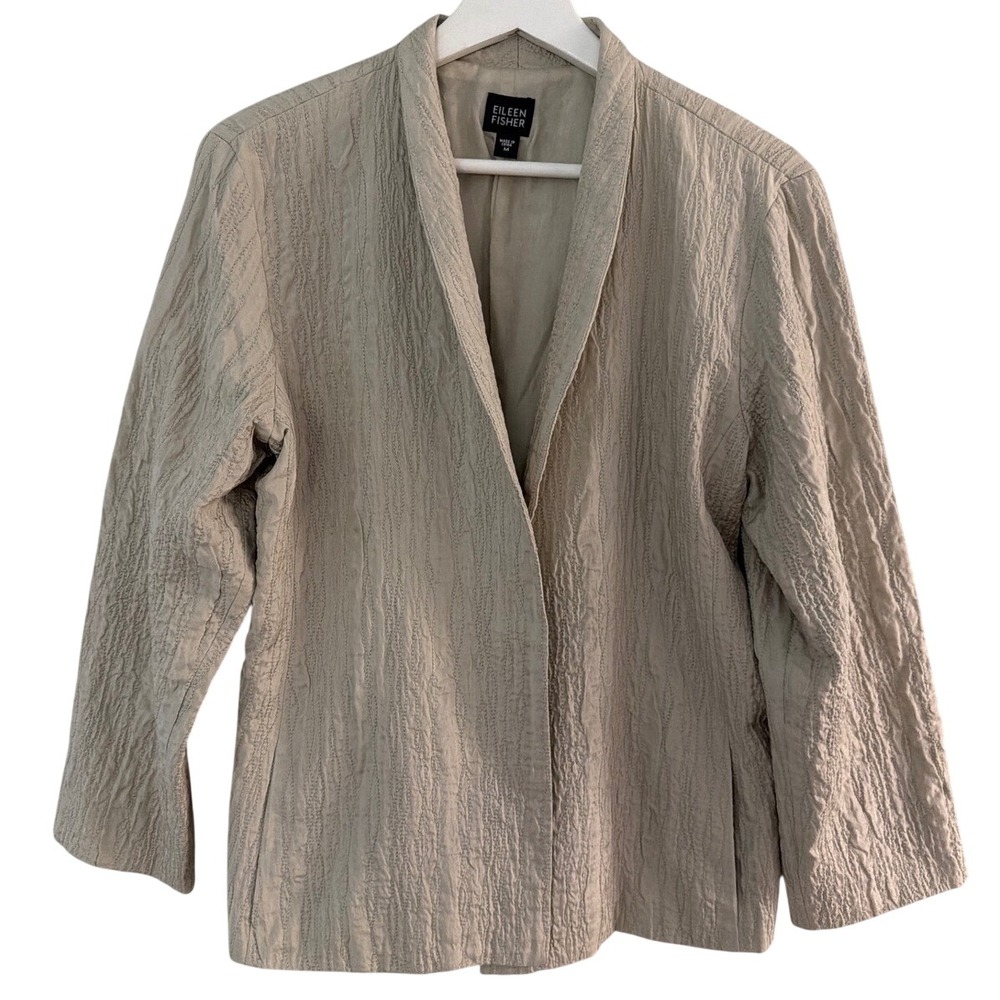 Eileen Fisher‎ Women Medium 100% Silk Crinkled Open Front Blazer Jacket Beige